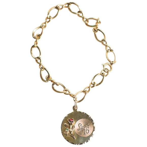 Jewelry - Vintage Gold Tone Sweet 16 Charm Bracelet Rose Flower gemstone red green 70s
